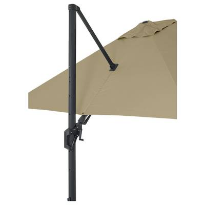 Un parasol beige avec un châssis latéral en métal et un mécanisme à manivelle pour l'ouverture et la fermeture. Le parasol présente une construction robuste.