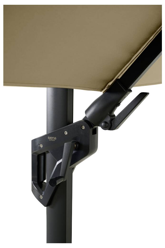 Mécanisme à levier sur un mât de parasol pour régler la hauteur, équipé d'une pince et d'une manivelle pour une utilisation facile.