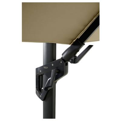 Mécanisme à levier sur un mât de parasol pour régler la hauteur, équipé d'une pince et d'une manivelle pour une utilisation facile.