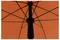 Vue de dessous d'un parasol orange ouvert avec une armature noire divisée en sections.