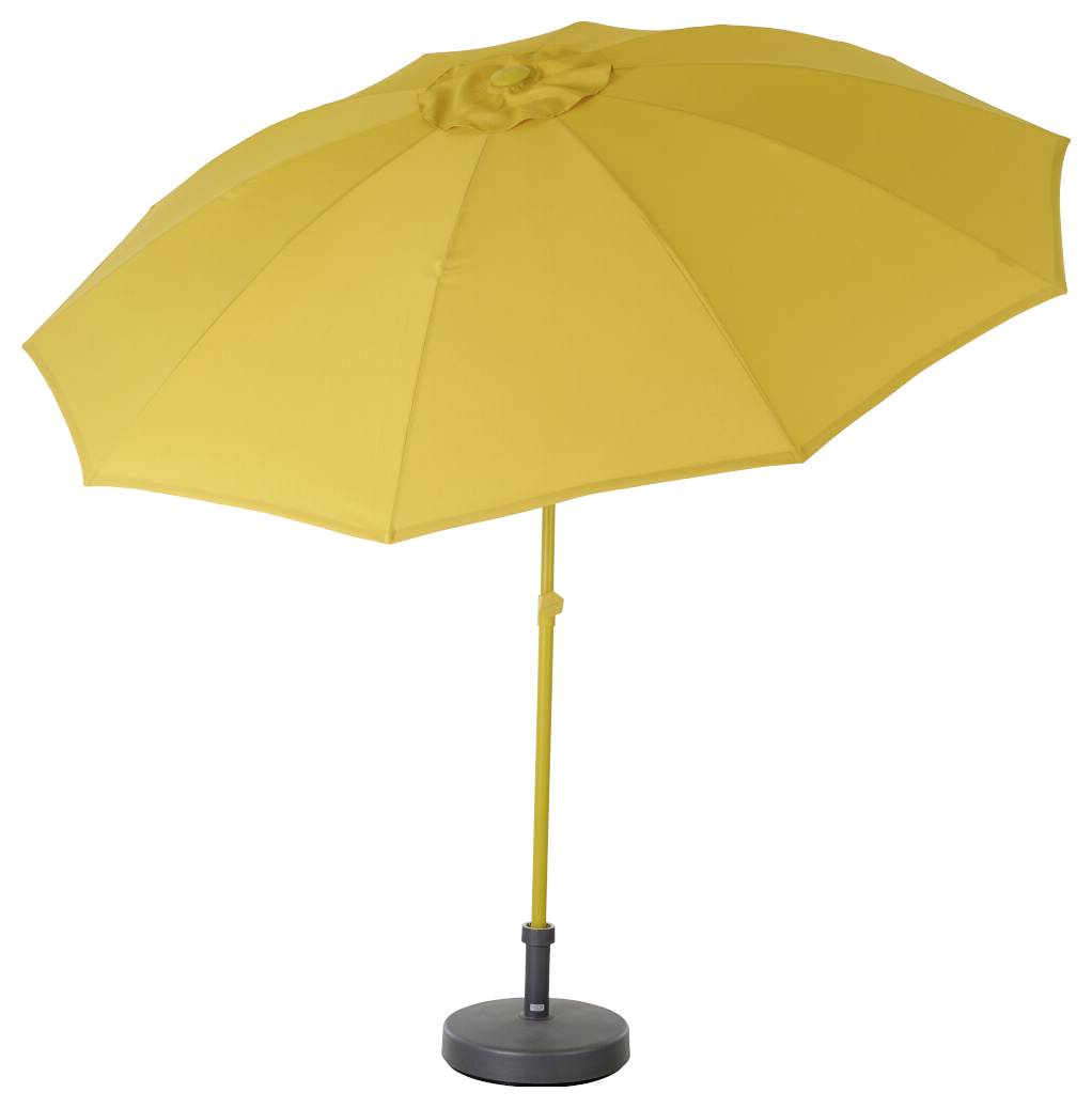 Grand parasol jaune, ouvert, avec socle rond ; debout.