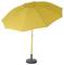 Grand parasol jaune, ouvert, avec socle rond ; debout.