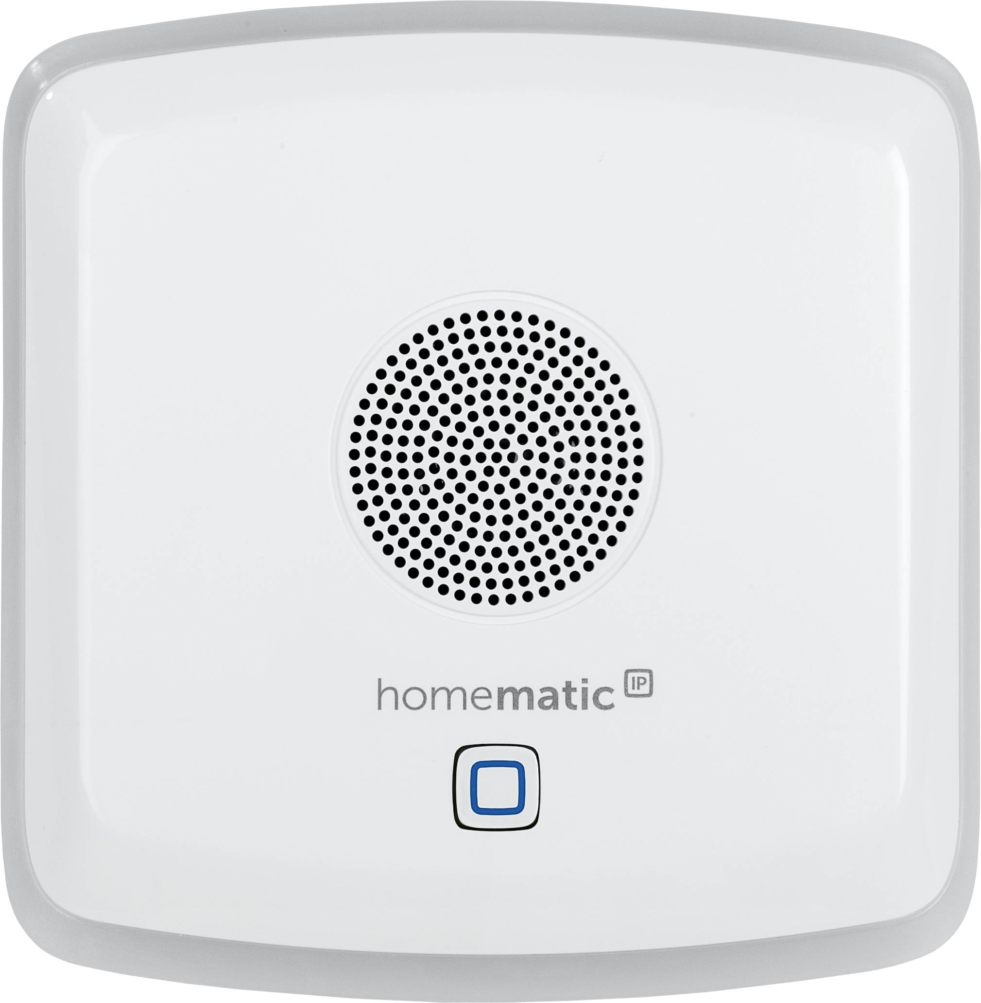 Détecteur de fumée carré avec une grille centrale pour haut-parleur et un bouton bleu en dessous. Inscription : 'homematic IP'.