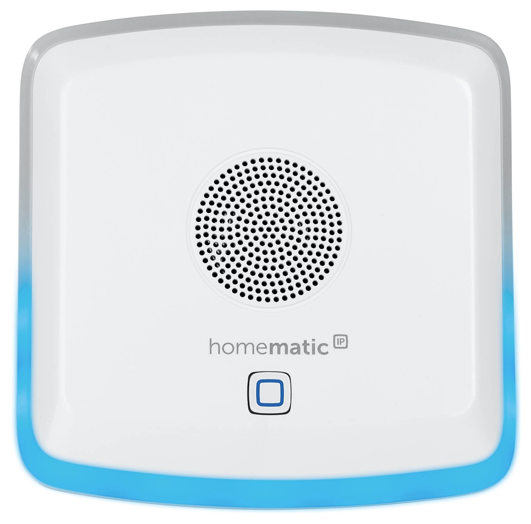Un dispositif d'alarme blanc et carré avec une grille de haut-parleur au centre, le logo 'homematic IP' en dessous et un bouton bleu.