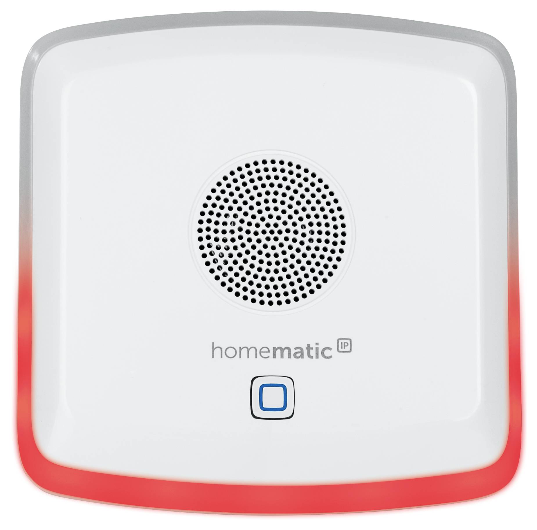 Un détecteur de fumée au design carré, avec un éclairage rouge en bas. Au centre se trouve une grille de haut-parleur et en bas le logo 'homematic IP'.