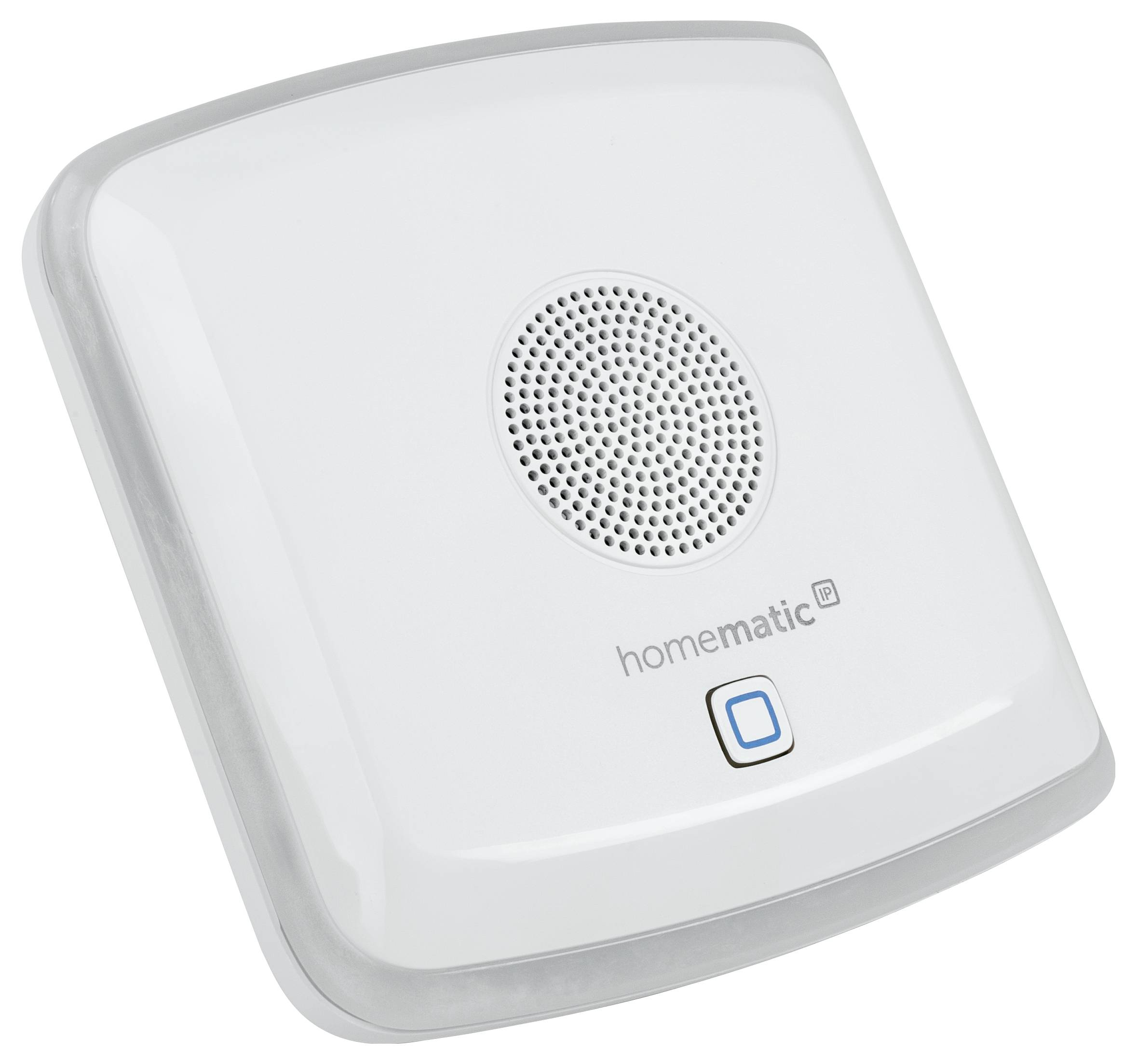 Détecteur de fumée blanc, carré, avec un bord gris et une grille centrale, sous laquelle se trouve un bouton bleu portant l'inscription 'homematic IP'.