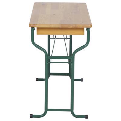 Table en bois avec un châssis métallique vert, démontrant une construction robuste et une grande stabilité. Convient aux espaces intérieurs et extérieurs.