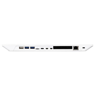 Arrière d'un appareil électronique avec différentes connexions : USB, HDMI, Ethernet et autres, disposées en ligne.