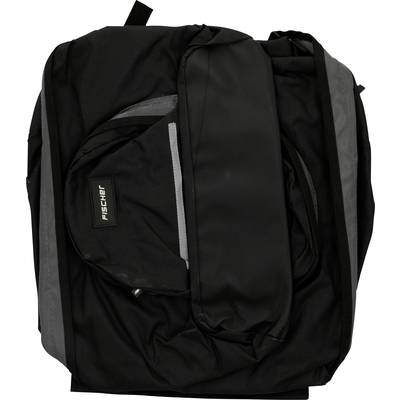 Un sac à dos noir est posé à plat sur une surface. Le sac à dos présente des détails gris et une poche zippée visible.