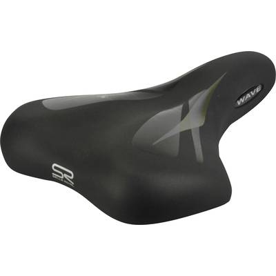 Selle de vélo noir au design ergonomique, marquée 'SR' et 'WAVE'. Adaptée pour des trajets confortables.