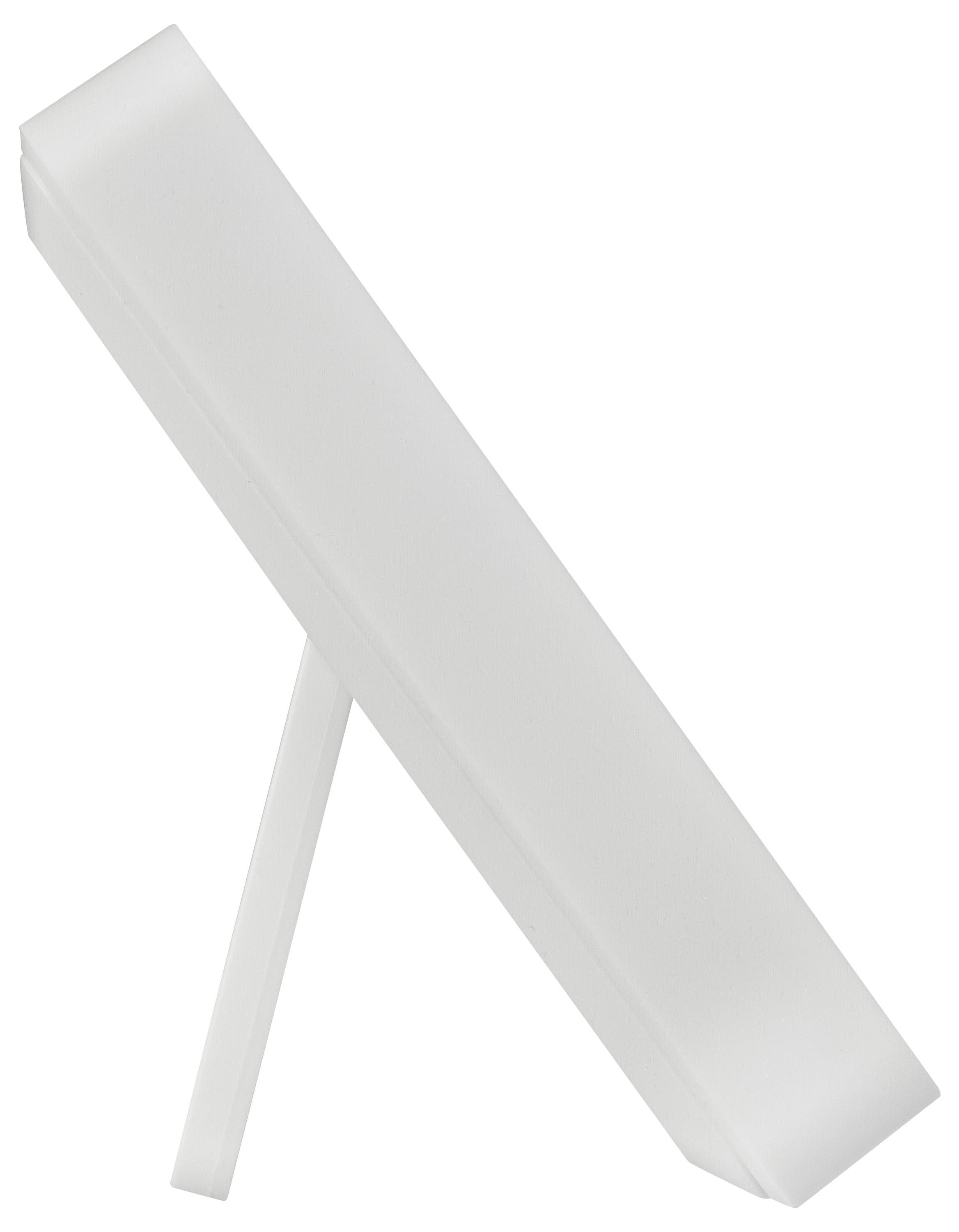 Un cadre photo blanc rectangulaire, posé en biais sur un support.