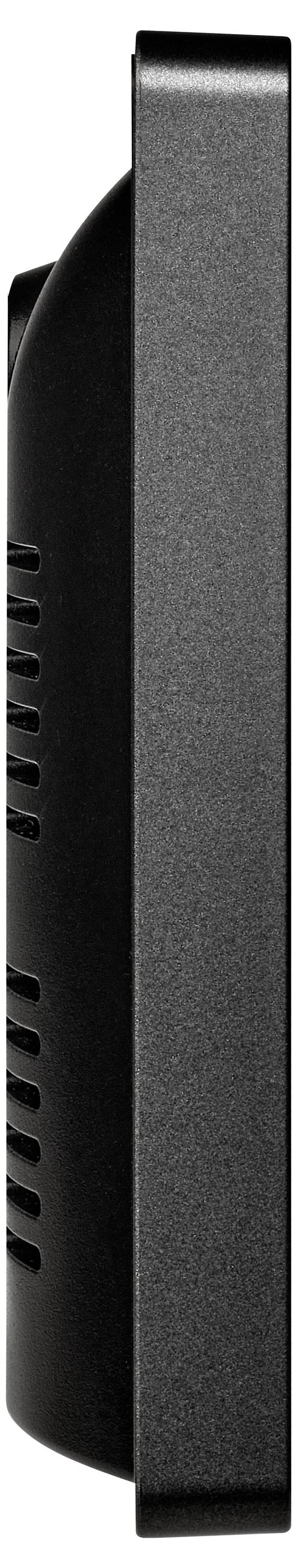 Vue latérale d'un appareil électronique noir de forme rectangulaire avec des fentes de ventilation sur la gauche.