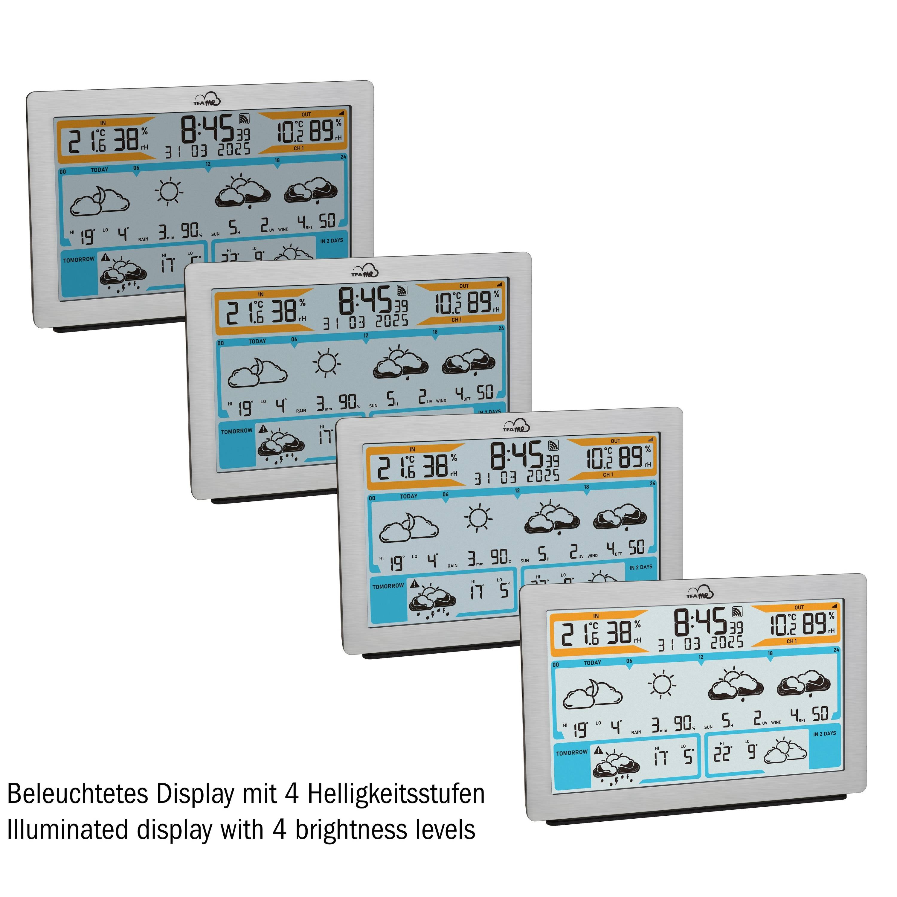 Écran numérique affichant des informations météorologiques, l'heure et la date. Présente la température avec des symboles de prévisions météorologiques et des réglages de luminosité.
