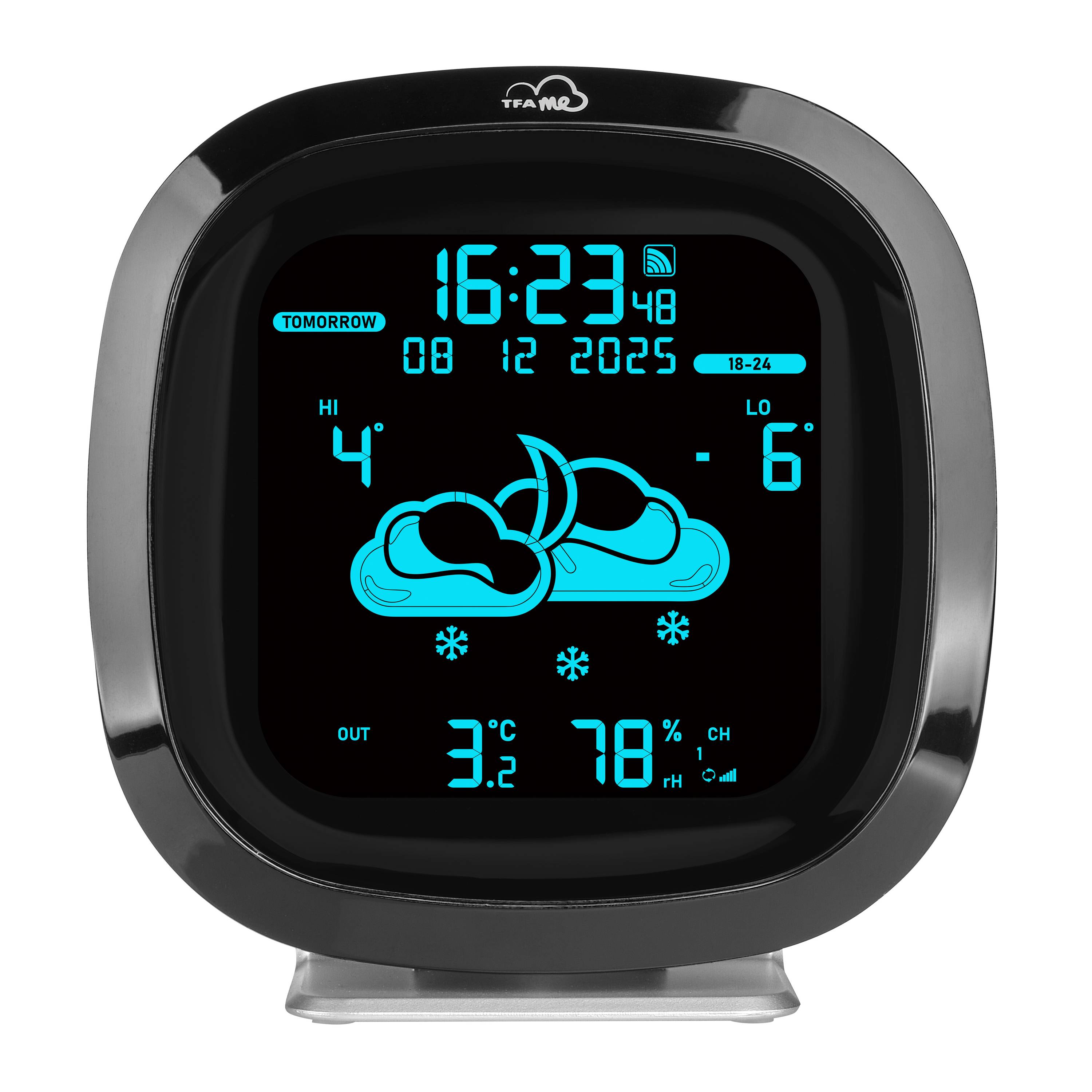 Indicateur météorologique numérique affiche l'heure 16:23, date 8 décembre 2025, avec température intérieure de 3,2°C. Prévisions météorologiques : 4°C à -6°C, neige.