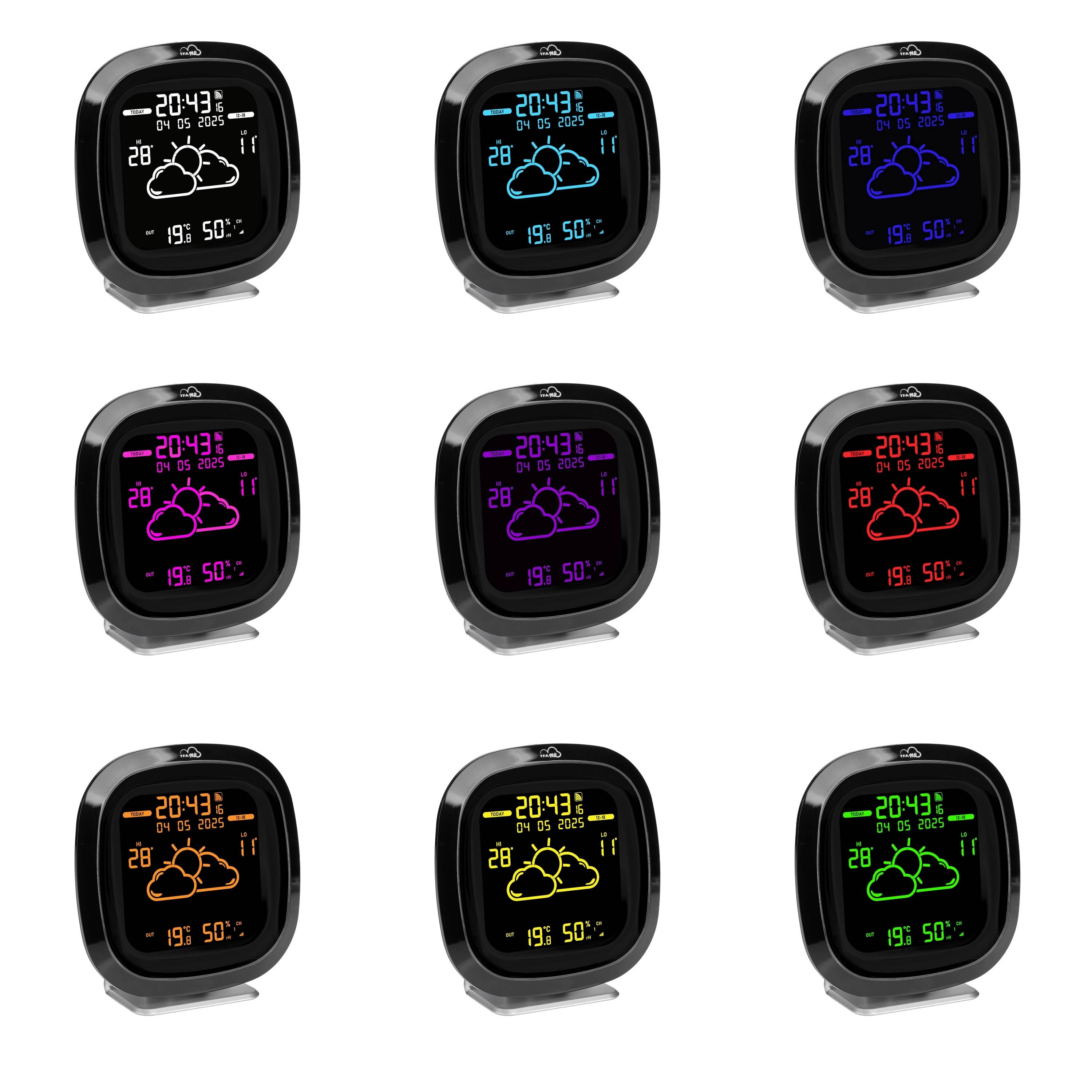 Neuf stations météorologiques alignées, chacune équipée d'un affichage numérique. Chaque station indique la date, l'heure, la température et les prévisions météorologiques avec les nuages.