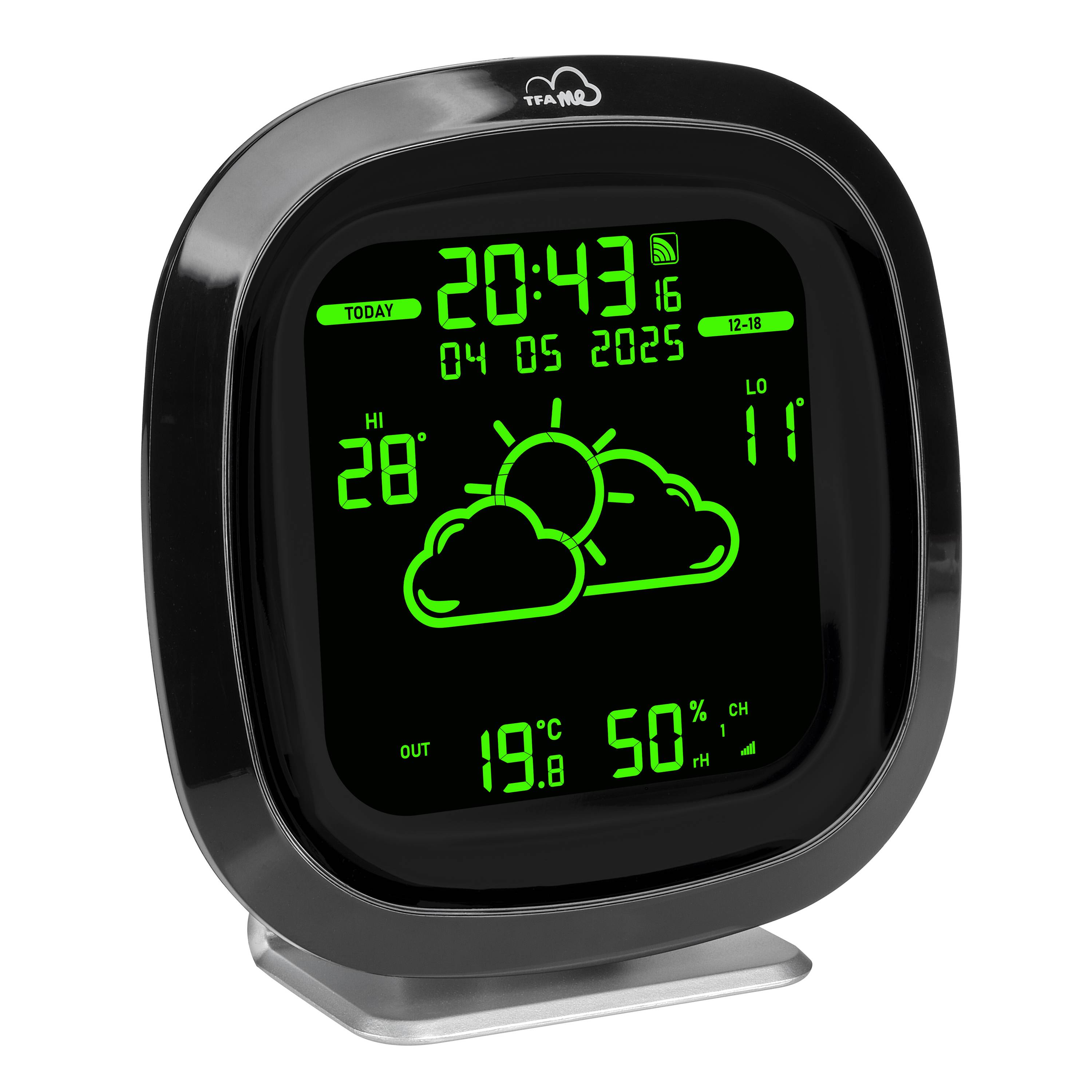 Station météorologique numérique affiche l'heure 20:43, date 04.05.2025, température 19,8 °C et humidité de l'air 50%. Prévisions météorologiques : partiellement ensoleillé.