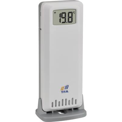 Un thermomètre numérique affiche une température de 19,8°C. Il est placé verticalement dans un support gris.