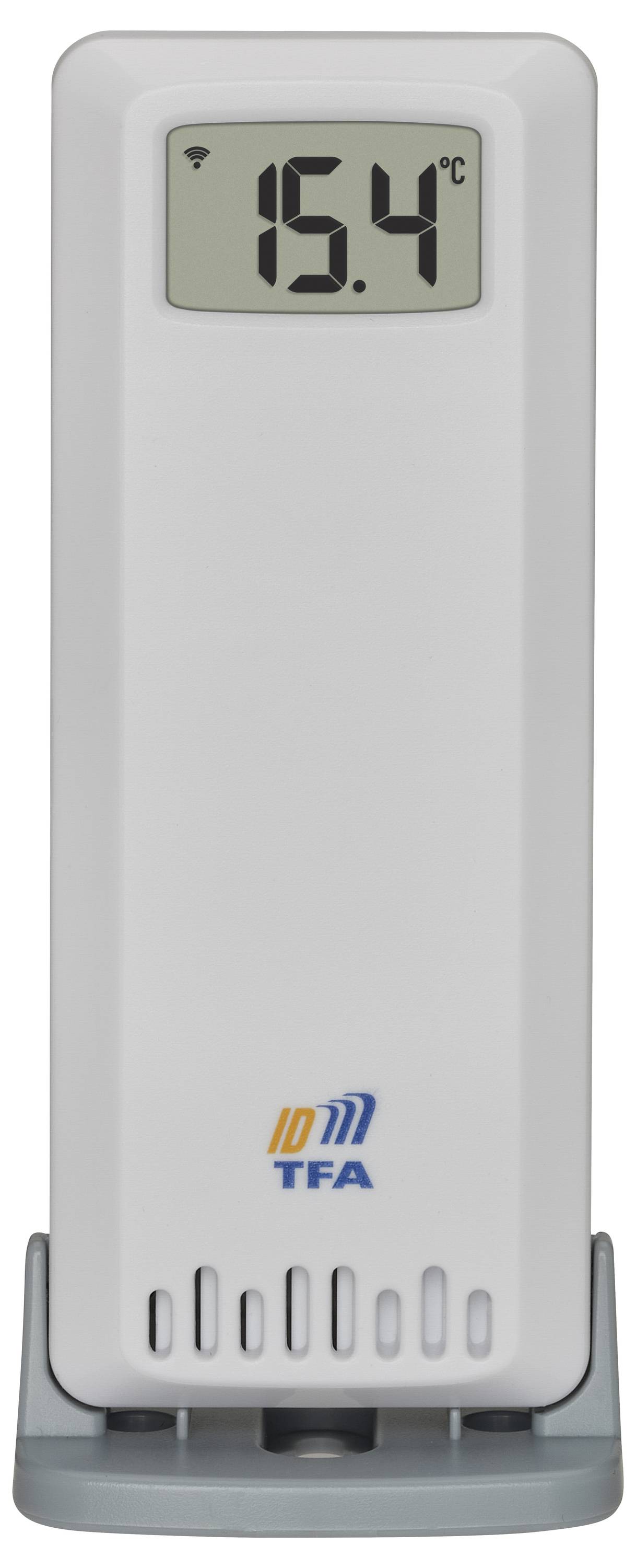Un thermomètre numérique blanc affiche une température de 15,4 degrés Celsius. Un symbole Wi-Fi est visible en haut à gauche.