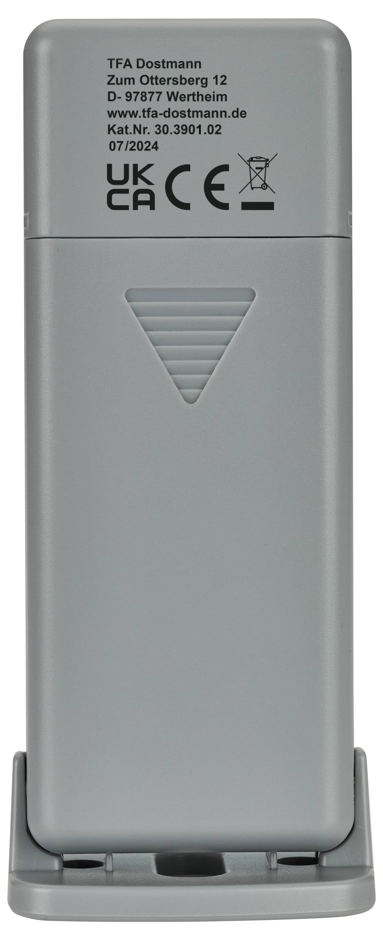 Un appareil électronique gris portant les marquages CE et UKCA. Des informations sur le fabricant sont situées en haut à l'arrière de l'appareil.