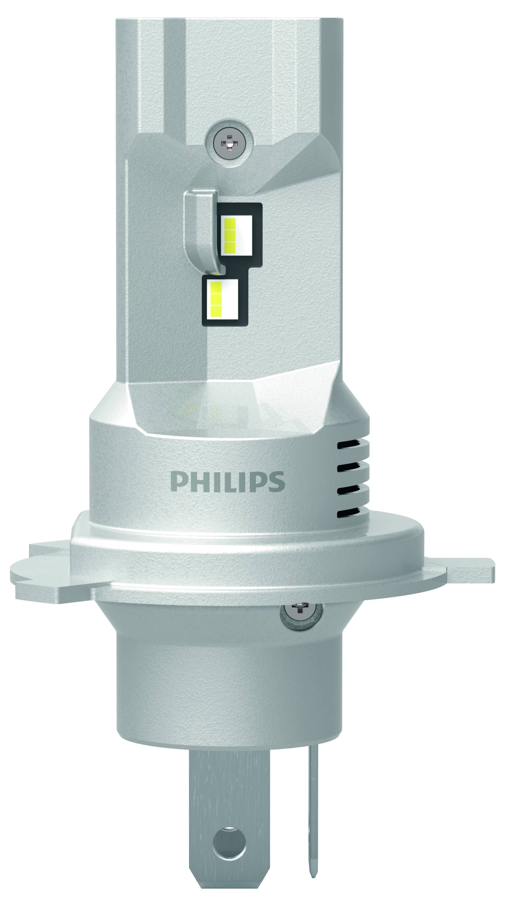 Un projecteur LED Philips argenté, vertical, avec des puces LED visibles et une broche de connexion, pour l'éclairage automobile.