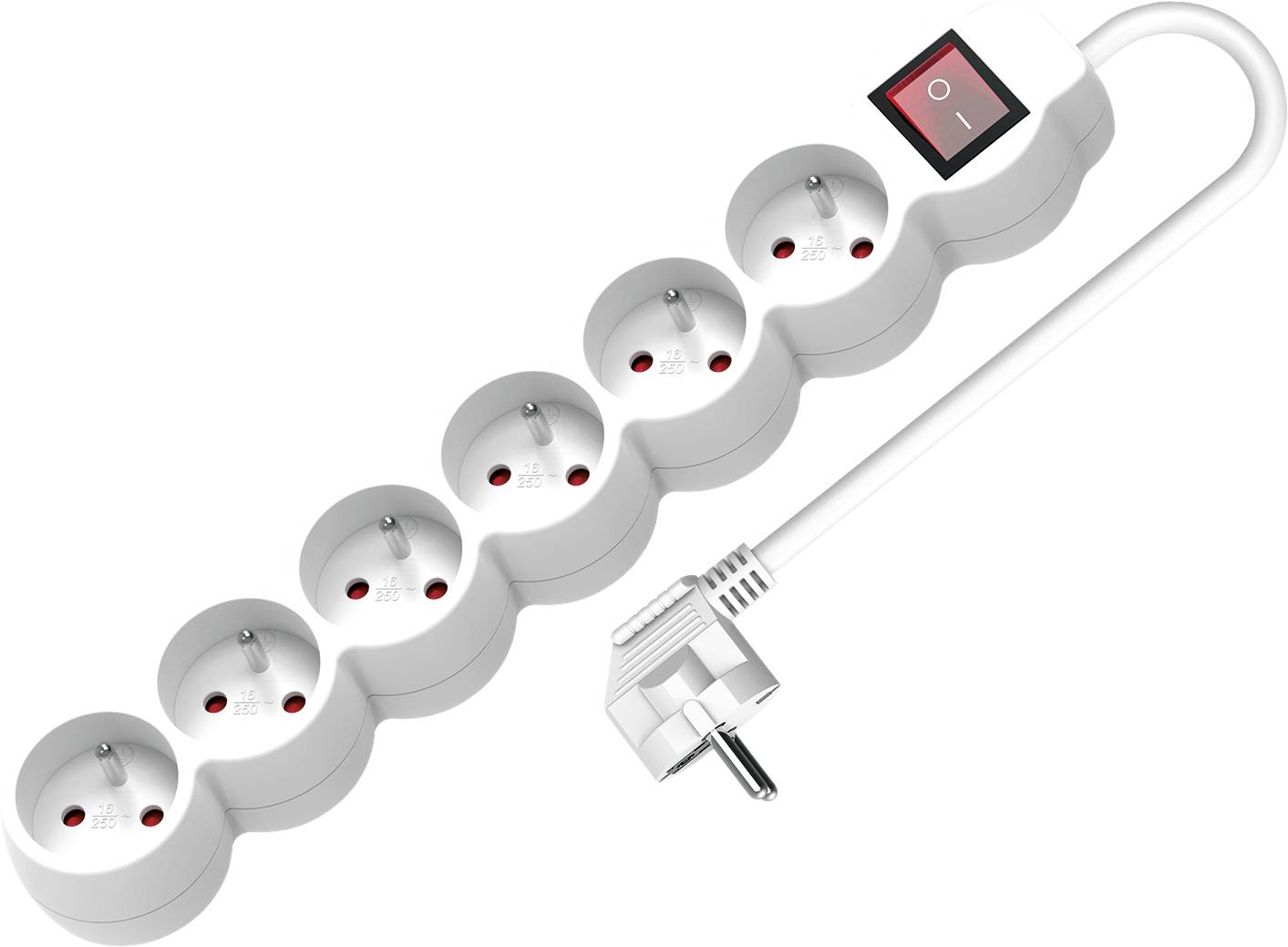 Multiprise 6 prises avec interrupteur marche/arrêt, câble blanc et fiche euro prête à l'emploi. Idéale pour plusieurs appareils électriques.