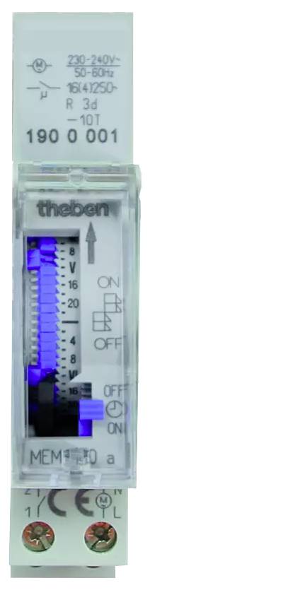 Compteur électrique avec affichage numérique, indiquant la tension actuelle de '230V'. Barre bleue à gauche, interrupteur Marche/Arrêt à droite.