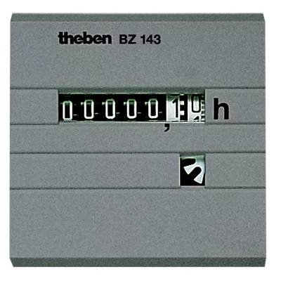 Compteur électrique gris 'theben BZ 143' affichant un chiffre de 0,1 heure. Un symbole de flèche se trouve en dessous.