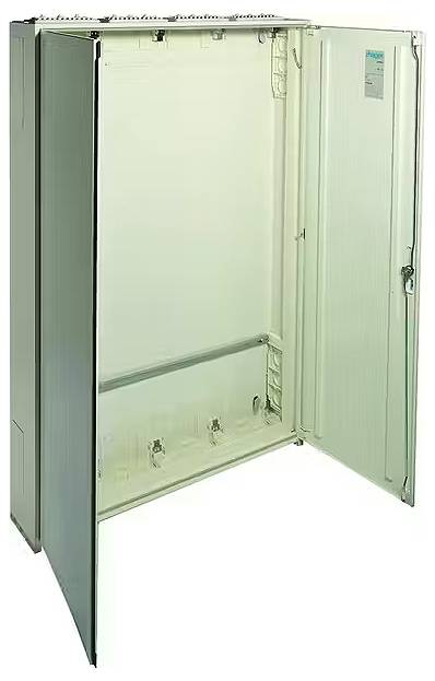 Armoire électrique métallique, ouverte, avec vue intérieure. Adaptée à l'installation de composants électroniques.