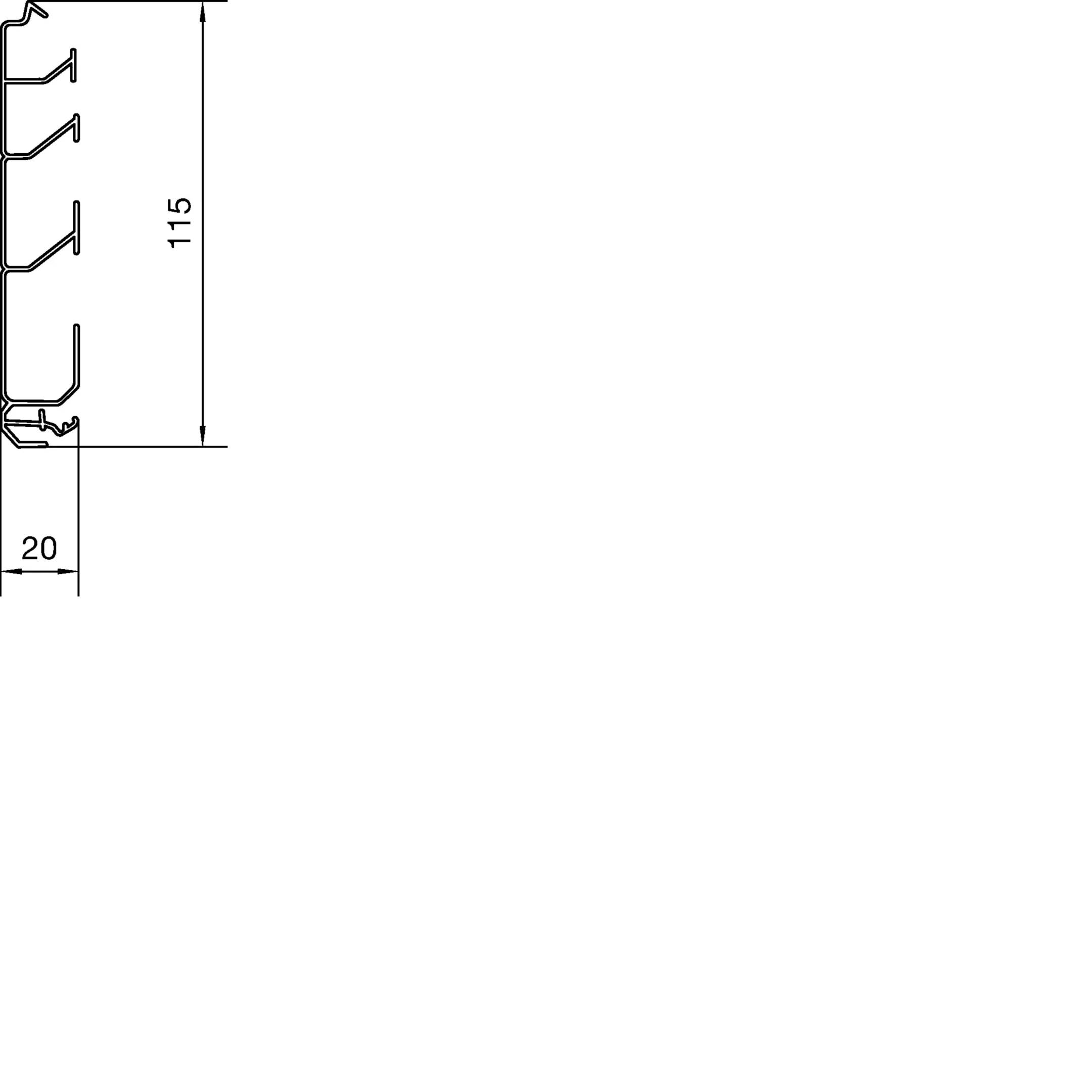 Dessin technique d'un profil avec dimensions : Hauteur 115 mm, Largeur 20 mm. Représentation des arêtes et des couches du profil.