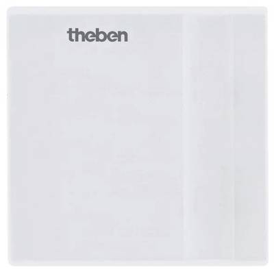 Un appareil carré blanc avec le logo de marque 'theben' en haut à gauche, probablement un interrupteur ou un capteur.