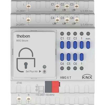 Un module système KNX avec des touches bleues, des étiquettes C1 à C6 et des connexions. Marque 'Theben'. Modèle 'HMG 6 T', 24-240V et 110-240V.