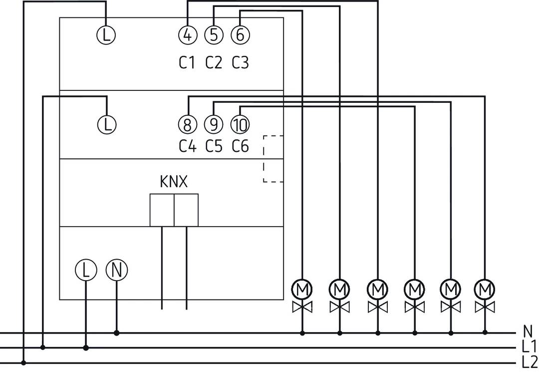 Le schéma montre un système de commande KNX avec plusieurs bornes connectées (C1-C6) et moteurs (M) pour la technique d'automatisation.