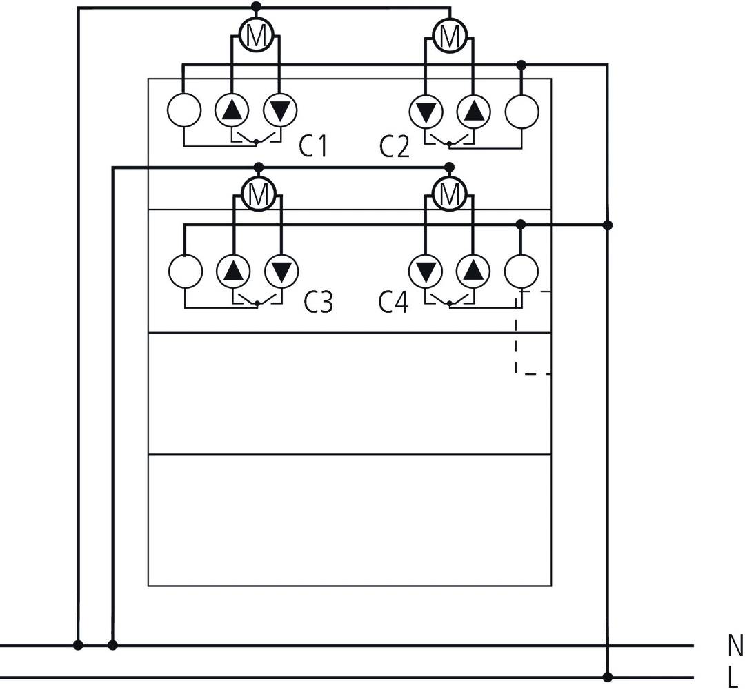 'Représentation d'un schéma électrique avec quatre circuits C1, C2, C3 et C4. Chaque circuit contient des symboles de moteurs et des flux électriques.'