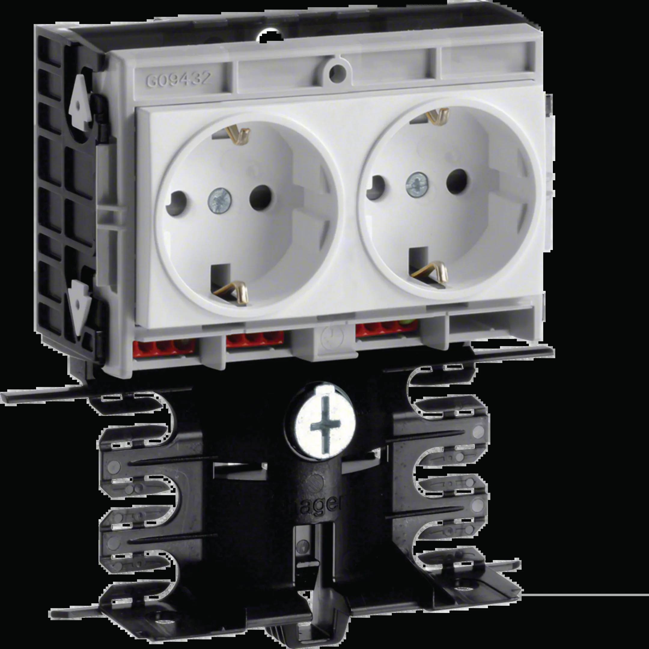 'Double prise électrique. Support noir avec attaches de fixation. Adapté pour une installation encastrée dans les systèmes électriques.'