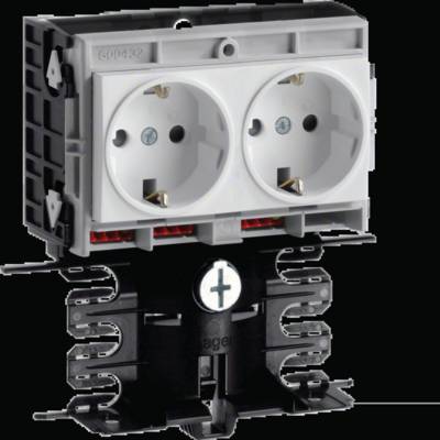 'Double prise électrique. Support noir avec attaches de fixation. Adapté pour une installation encastrée dans les systèmes électriques.'