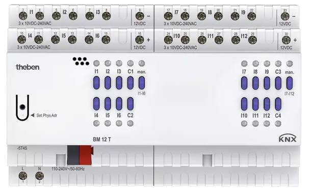 Illustration d'un boîtier électronique de commande avec plusieurs connexions et étiquettes telles que '12VDC' et 'BM 12 T' pour la gestion de la tension.