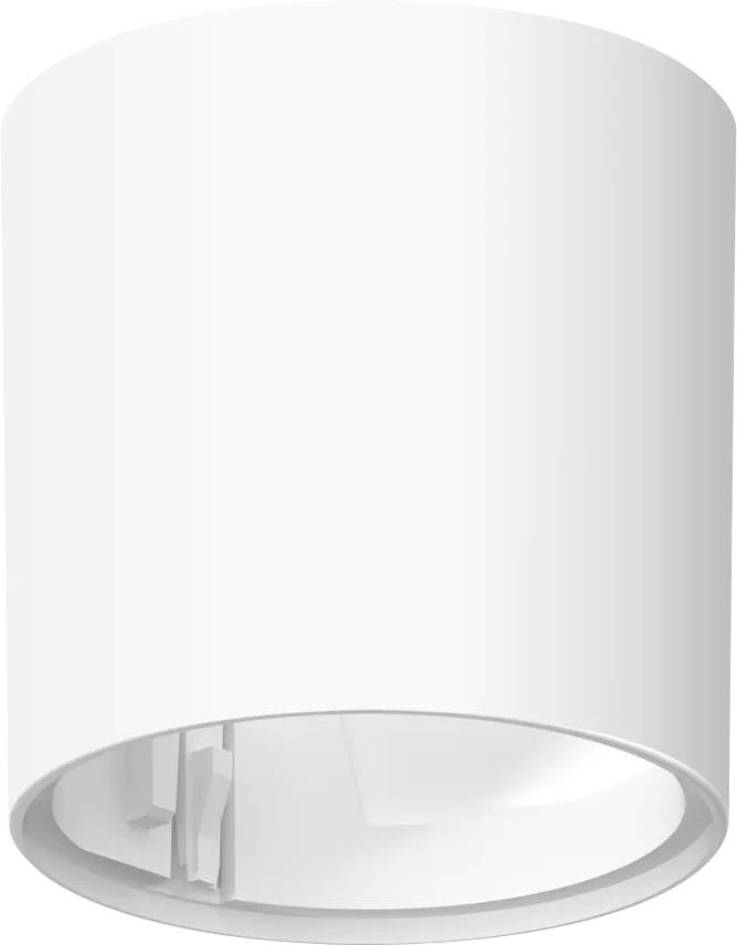 Luminaire plafonnier blanc de forme cylindrique avec connexion latérale du câble, au design moderne et minimaliste.