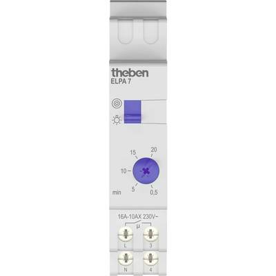 'Theben ELPA 7', affiche un cadran bleu avec réglage du temps de 0,5 à 15 minutes et modes de commutation : Lumière ou Éteint.