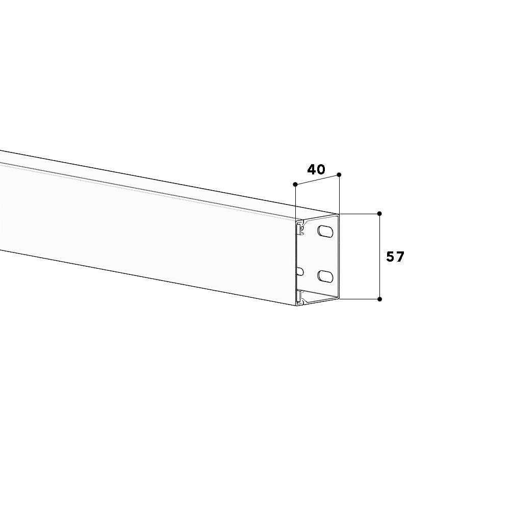 Rail métallique à section rectangulaire, perforations sur le côté. Dimensions : 40 mm de hauteur, 57 mm de largeur.