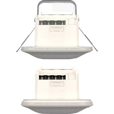 Luminaire encastré montré de dessus et de côté, avec un couvercle rond et des clips de fixation. Adapté pour l'éclairage résidentiel ou de bureau.