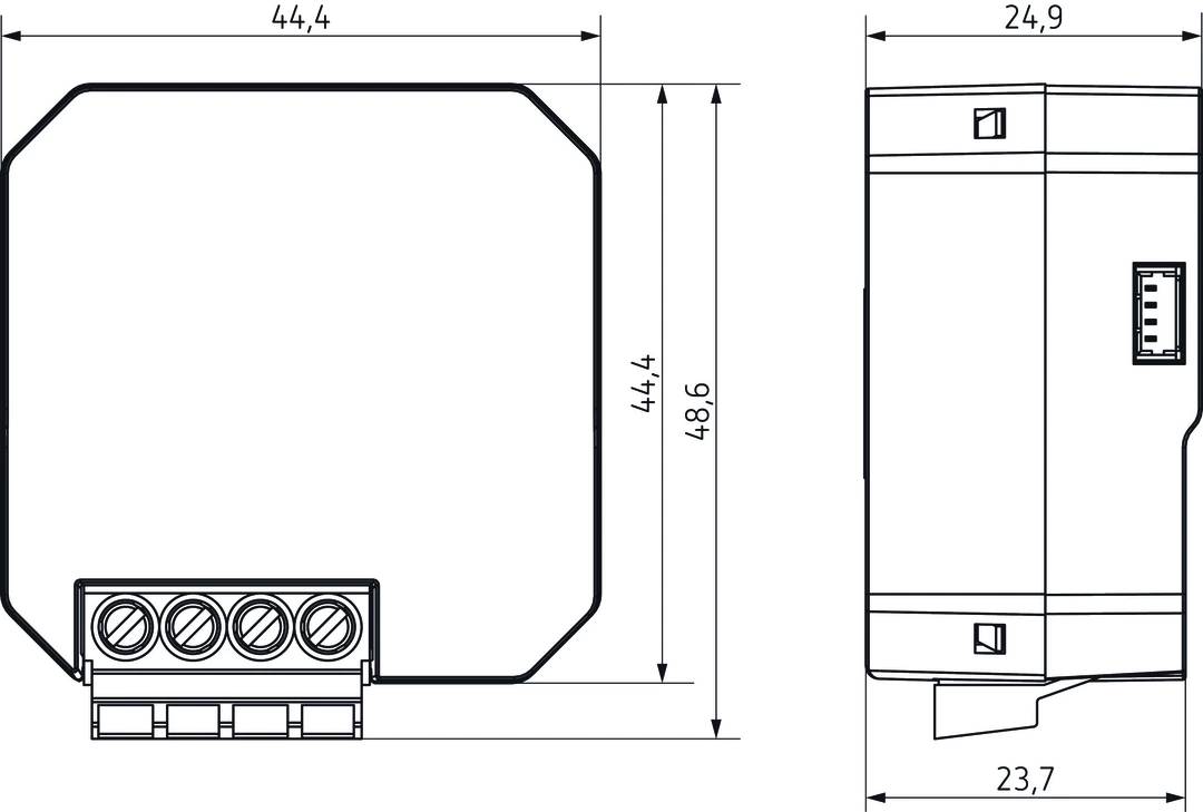 Dessin technique d'un appareil rectangulaire avec les dimensions indiquées : 44,4 mm de largeur et 48,6 mm de hauteur.