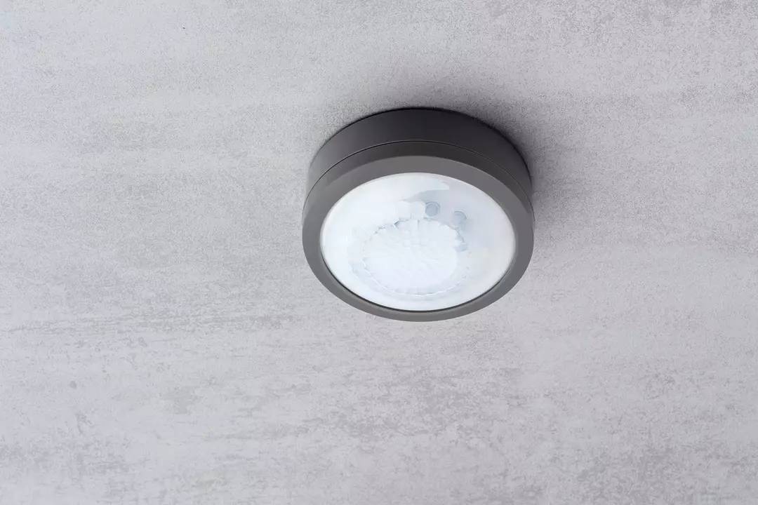 Un luminaire rond noir monté au plafond gris.