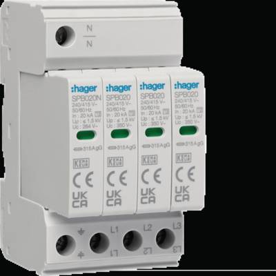Un parafoudre triphasé Hager, modèle SPB020, présente des entrées de tension à 400 V et 50/60 Hz. Adapté pour la protection électrique.
