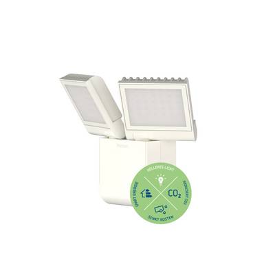 Lampe LED avec deux surfaces lumineuses rectangulaires. Un label vert affiche des symboles représentant des économies d'énergie, une lumière plus claire et la réduction des émissions de CO2.