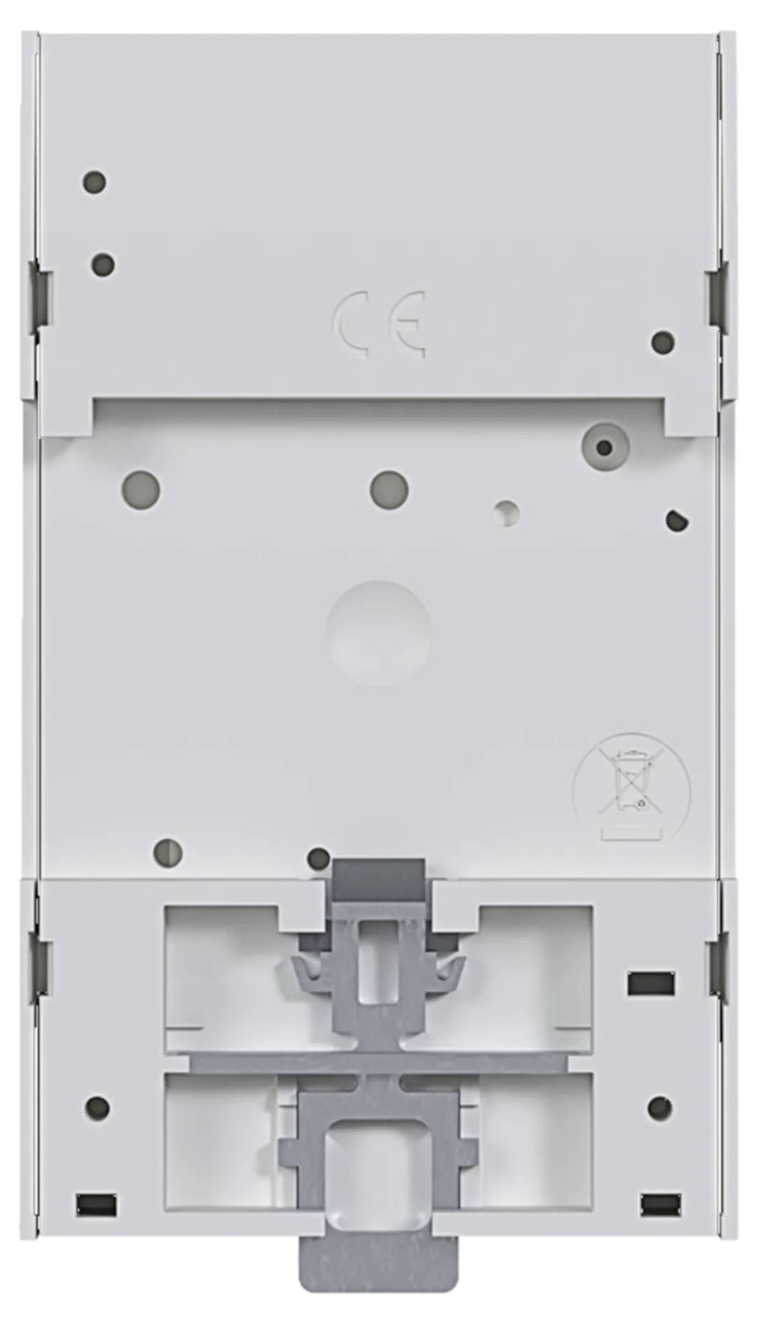 Un boîtier rectangulaire blanc avec différentes découpes et options de fixation. Contient le marquage CE.