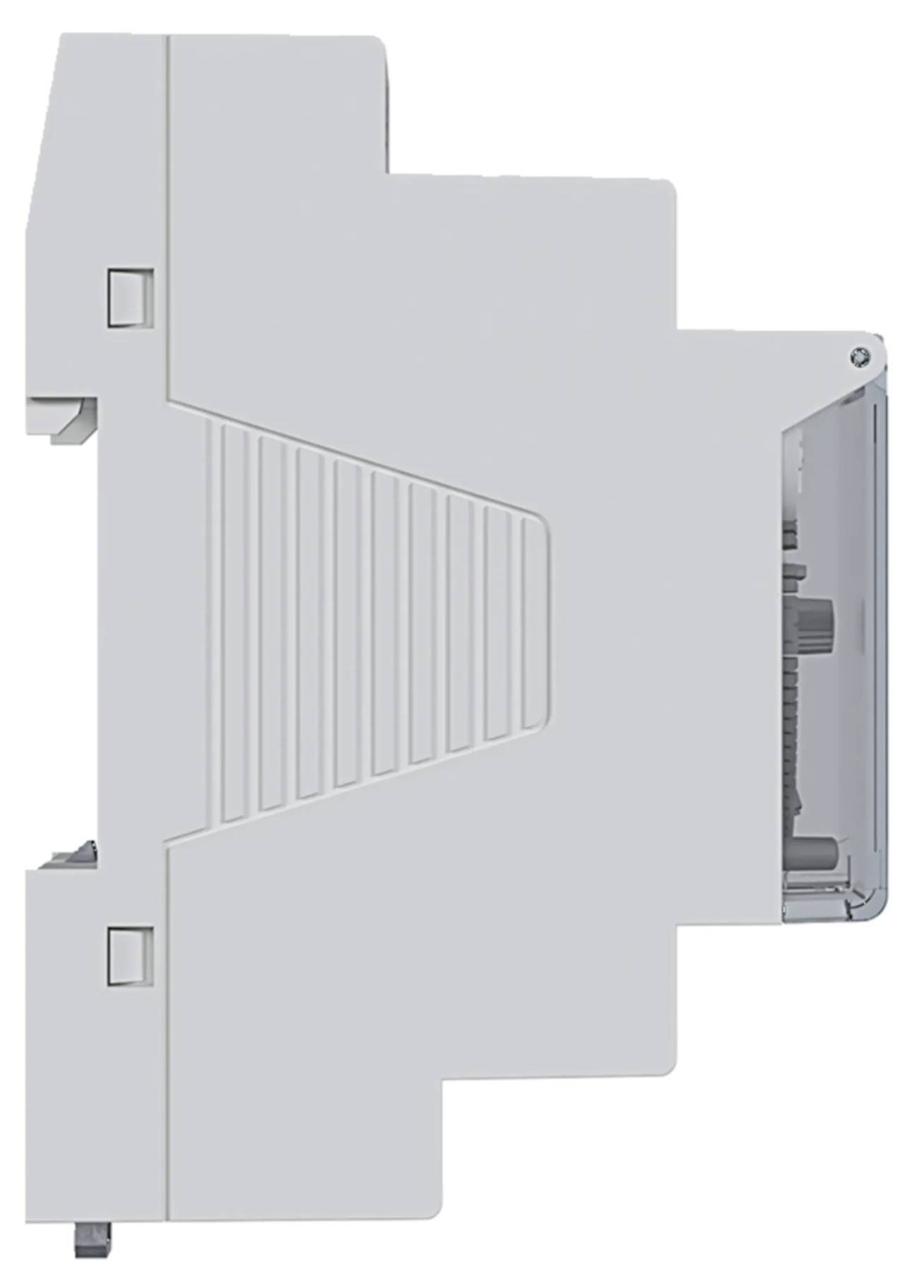 Module électrique gris, vertical, avec des bornes de connexion visibles sur le côté droit.