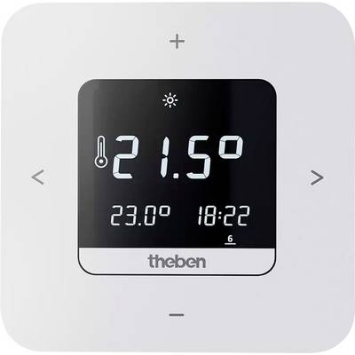 Un thermostat numérique affiche 21,5 degrés Celsius. En dessous, des affichages plus petits : température actuelle 23,0 degrés Celsius et heure 18:22.