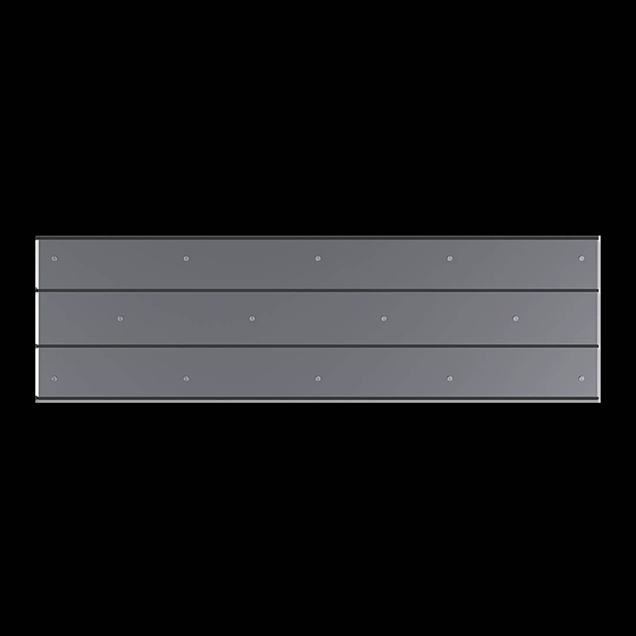 Plaque métallique rectangulaire grise, teintée de gris, avec plusieurs petits trous de vis symétriquement disposés sur un fond noir.