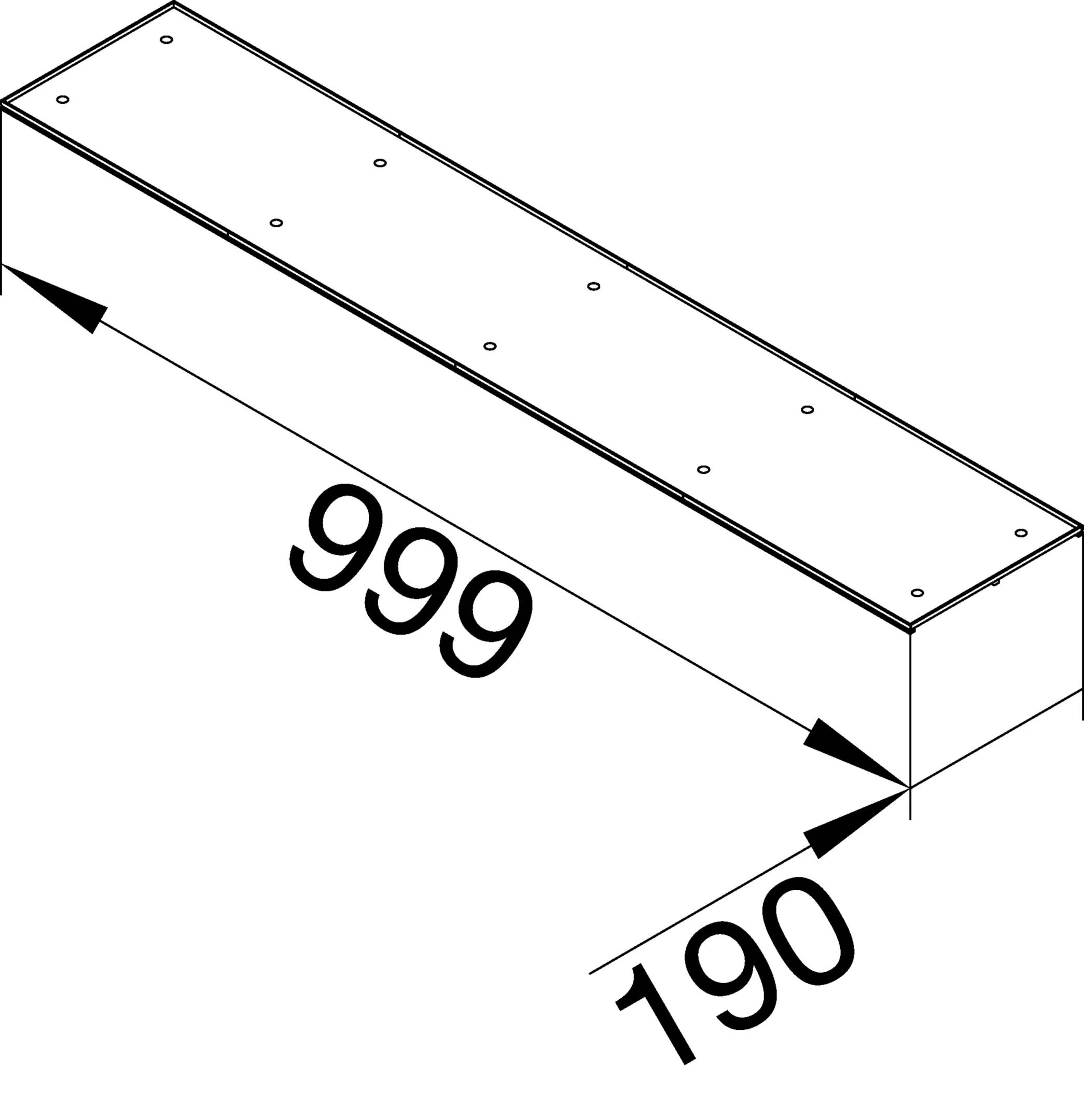Dessin isométrique d'un boîtier rectangulaire, longueur 999 mm, largeur 190 mm, marqué avec des flèches et des cotes.