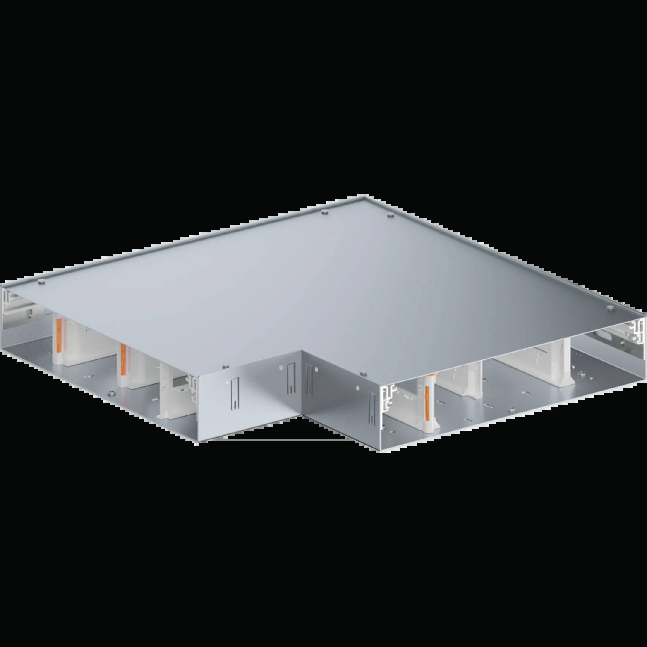 Un connecteur d'angle en métal argenté, utilisé pour relier des goulottes électriques dans les installations électriques.